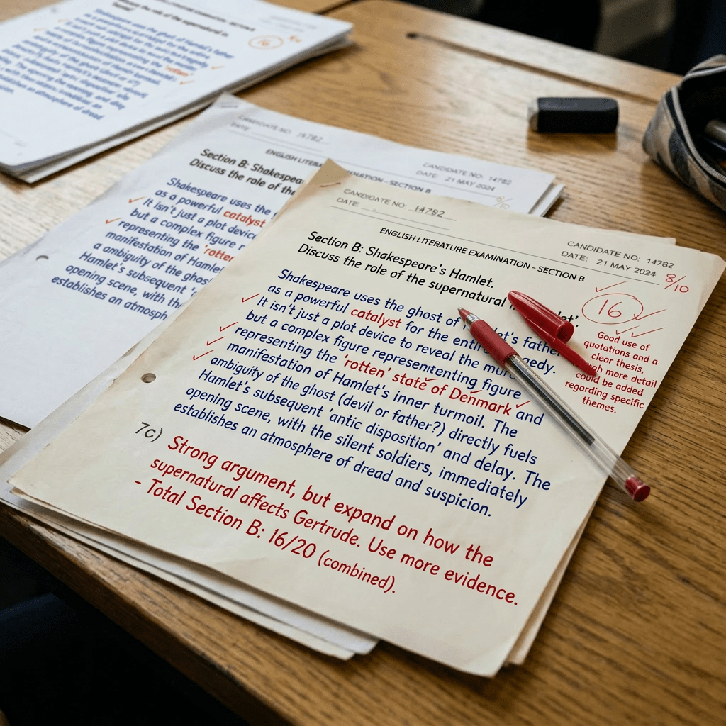 Mathematics exam paper with handwritten solutions, red markings, and score 8 out of 10